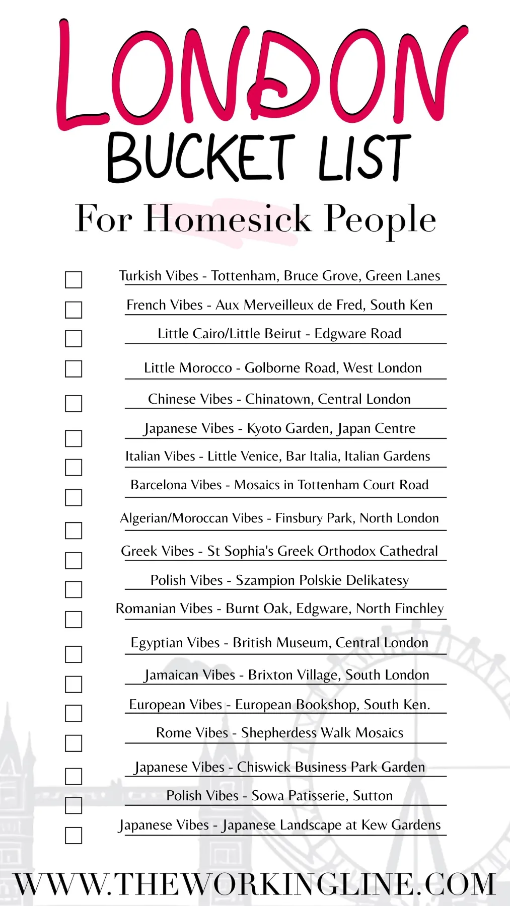 Homesick in London bucket list life aesthetic expat: 19 beautiful Places That Feel Like other countries and cities - secret neighborhoods in london travel guide - french places in london - poland - little morocco - little italy - chinatown - turkish places in london - little venice in london - italian places london - japanese gardens london