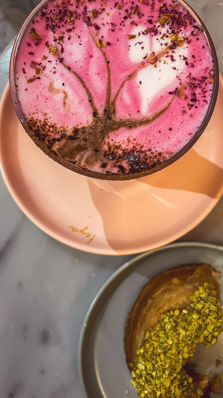 London's Cute Coffee Shops: Feya Cafe, Marylebone Review - floral cafes in london hidden food gems - pink lattes in london - colorful lattes in london - best cakes in london - best doughnuts in london travel guide - london feya cafe james street photos 